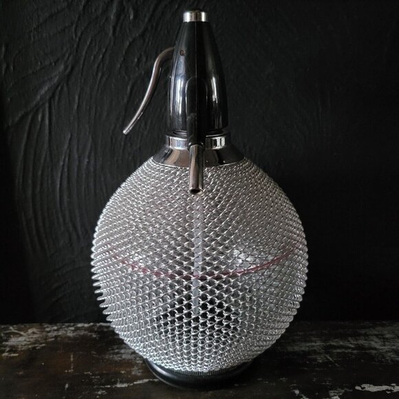 Vintage Mid Century Glass and Chain Metal Syphon Round Glass Seltzer Bottle, Vin - Picture 5 of 9